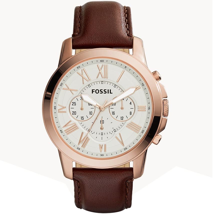 Fossil Grant FS4991 Men's Watch - White Face with Brown Leather Strap