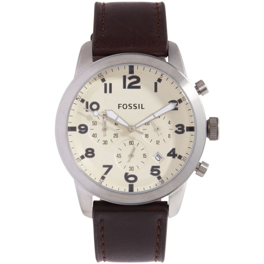 Fossil Pilot 54 FS5182 Men's Watch - White Dial and Brown Leather Band