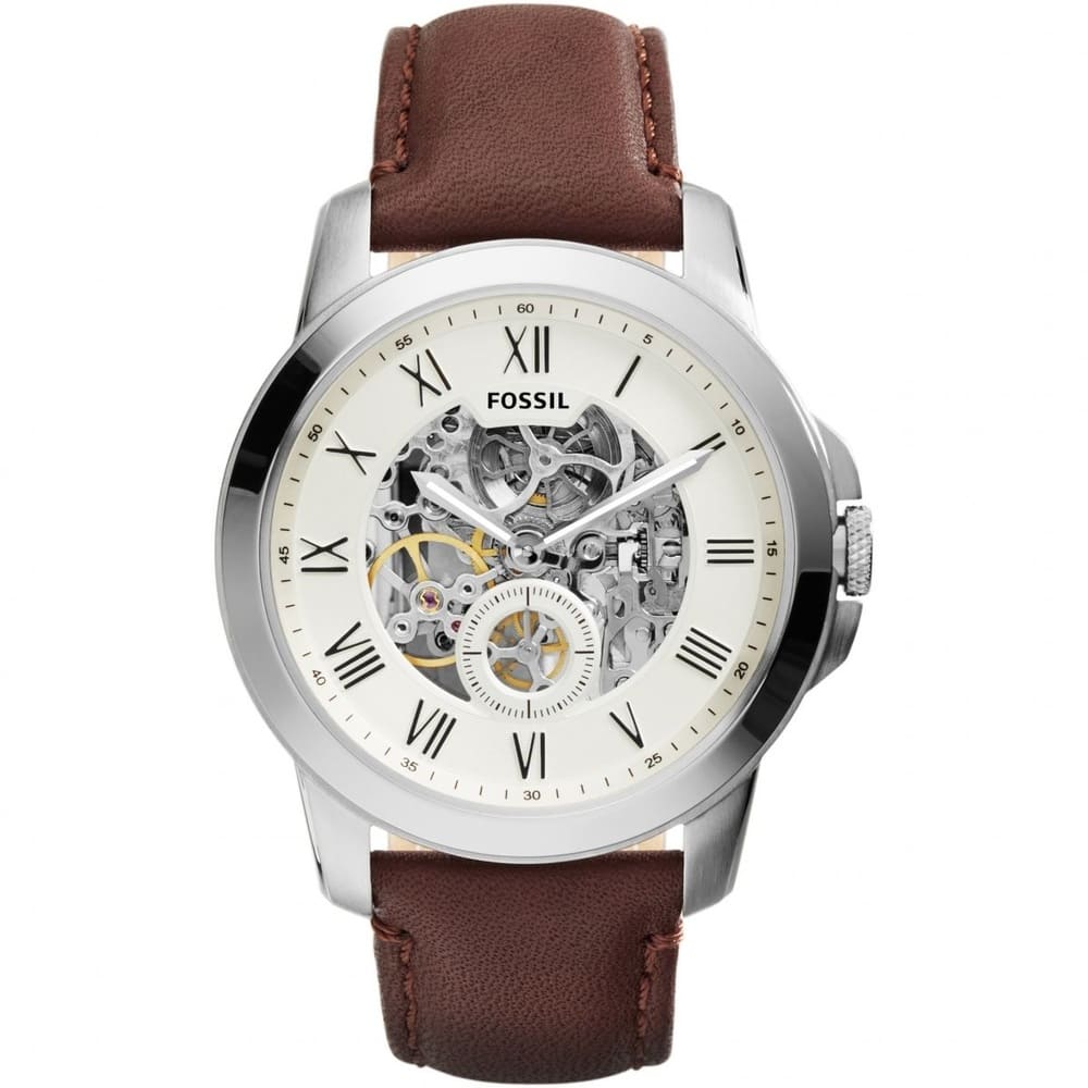 Fossil Grant ME3052 Men's Watch - White Dial with Brown Leather Band