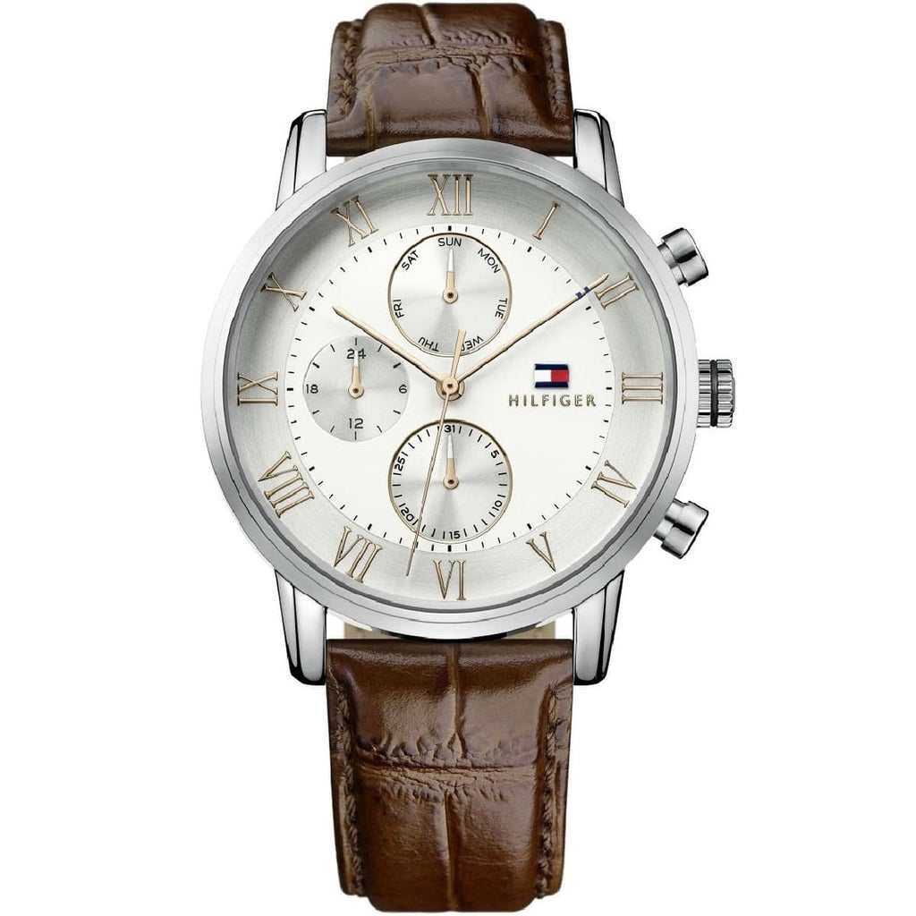 Tommy Hilfiger Kane Watch 1791400 - Brown Leather Strap and White Dial
