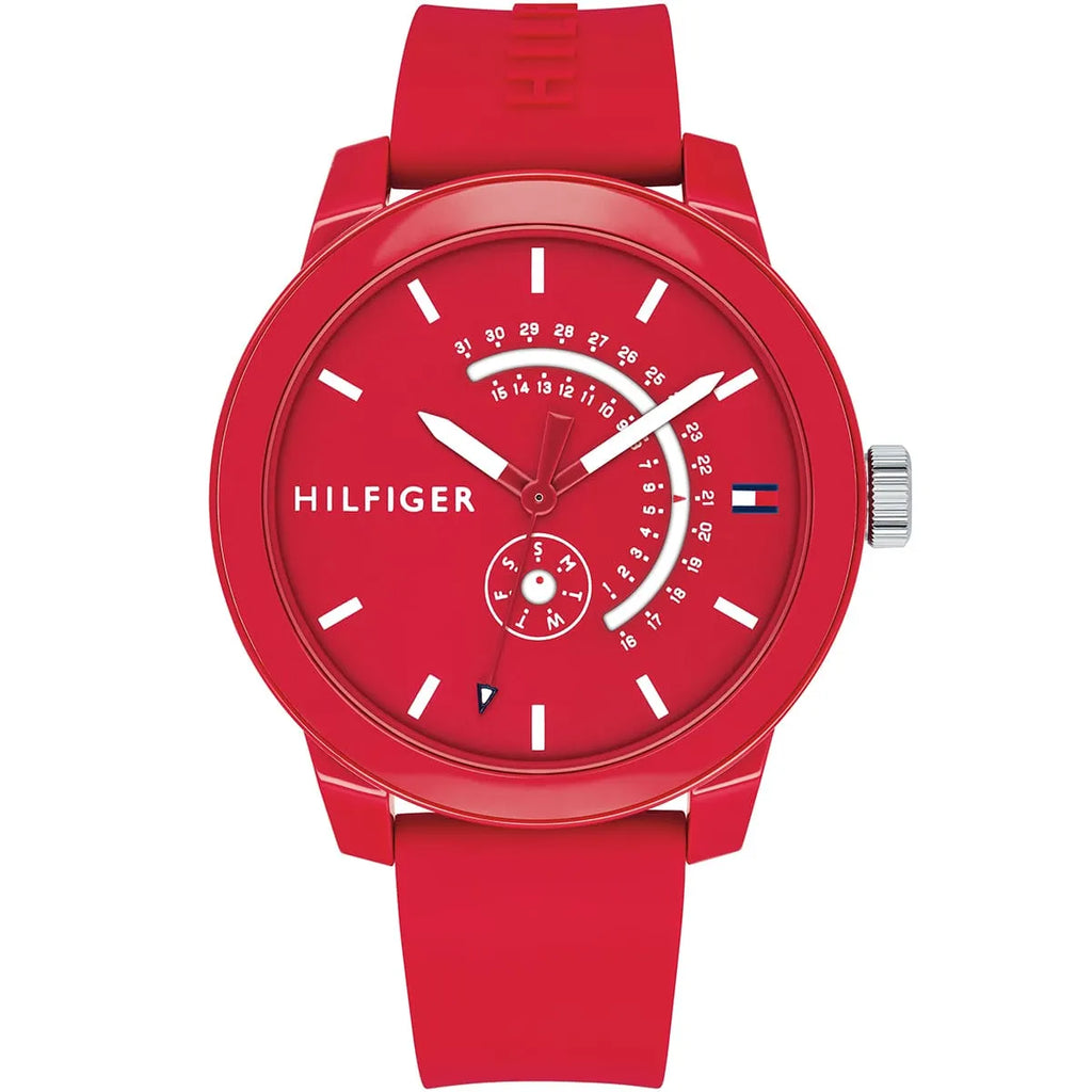 Tommy Hilfiger Men's Denim Watch 1791480 - Red Dial and Rubber Strap