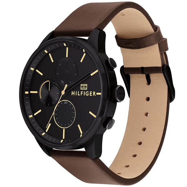 Tommy Hilfiger Men's Watch 1791977 - Black Dial and Brown Leather Band