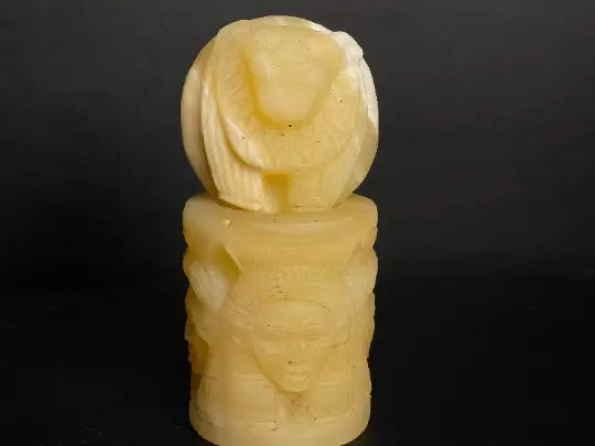 Alabaster Candle holder with Sekhmet goddess on the lid and Hathor goddess