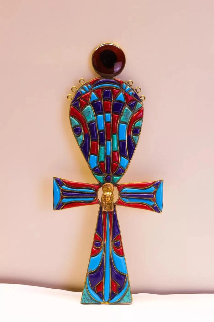 Ancient Egyptian Ankh with Sekhmet Goddess and natural Gemstones