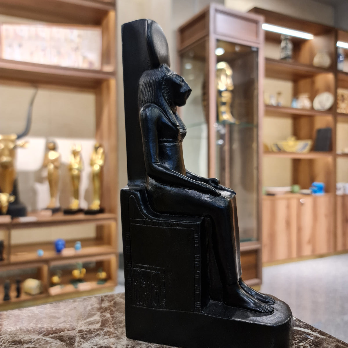 Sekhmet statue museum reproduction, side profile