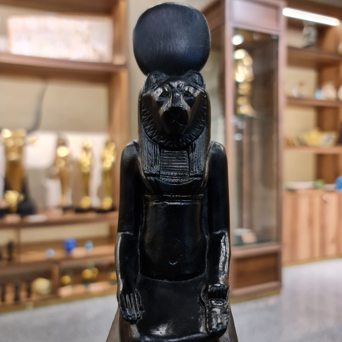 Sekhmet statue museum reproduction, three-quarter angled view