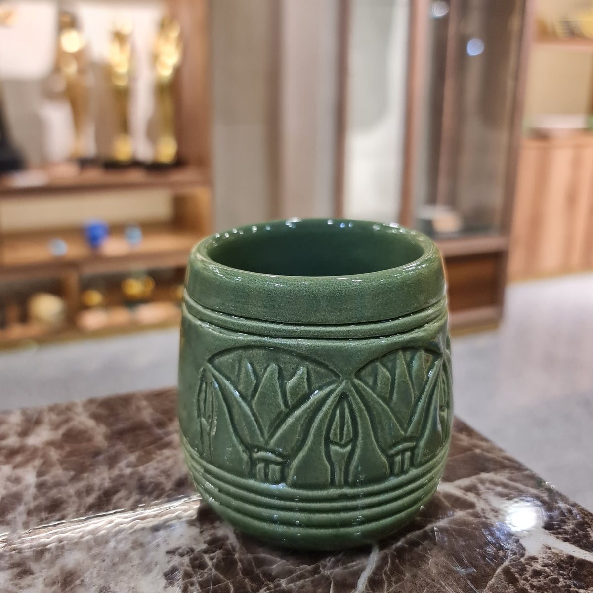 Handmade porcelain Egyptian mug with lotus flower motif