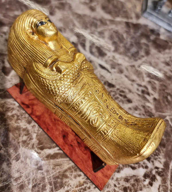 Highly Detailed Small Golden Coffin Housing Ancient Egyptian Mummy