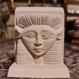 Hathor head sculpture, limestone museum reproduction, front view