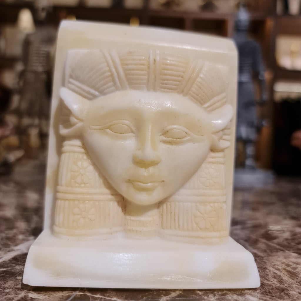 Alabaster Head of Goddess Hathor with Cow Ears Sculpture