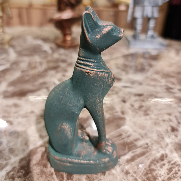 Small Bronze Egyptian Goddess Cat Bastet W/ Eye of Horus and Scarab