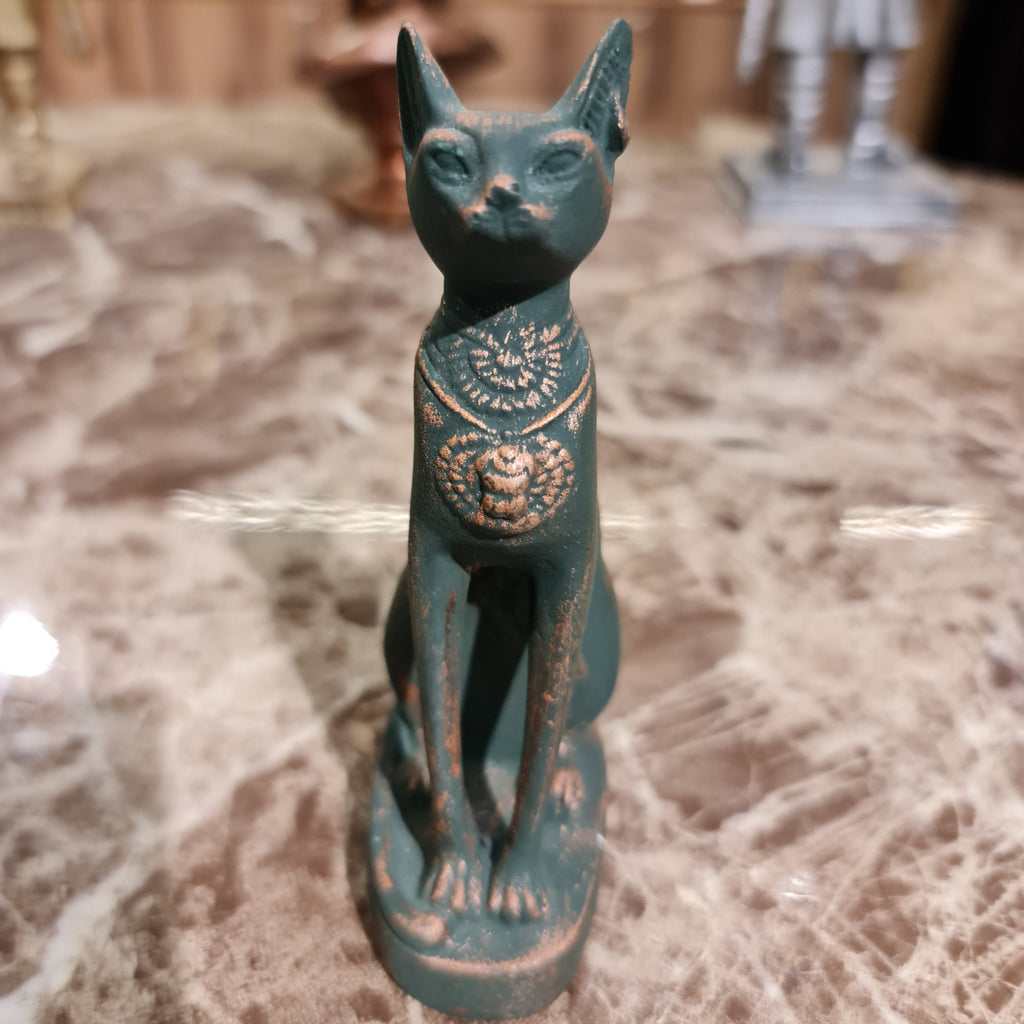 Small Bronze Egyptian Goddess Cat Bastet W/ Eye of Horus and Scarab