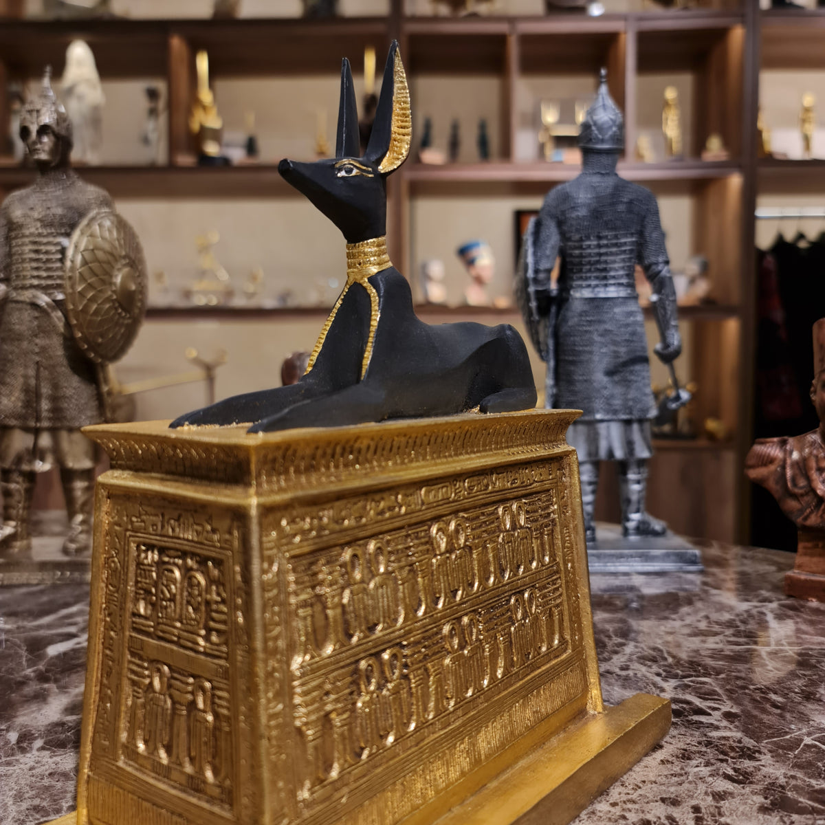 Additional detail view of the Anubis portable shrine statue, museum reproduction
