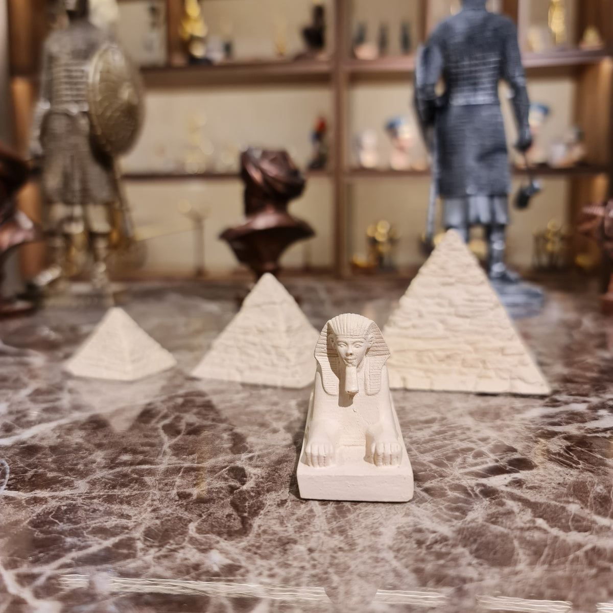 Stone museum reproduction of the Three Pyramids of Giza and the Great Sphinx, front view