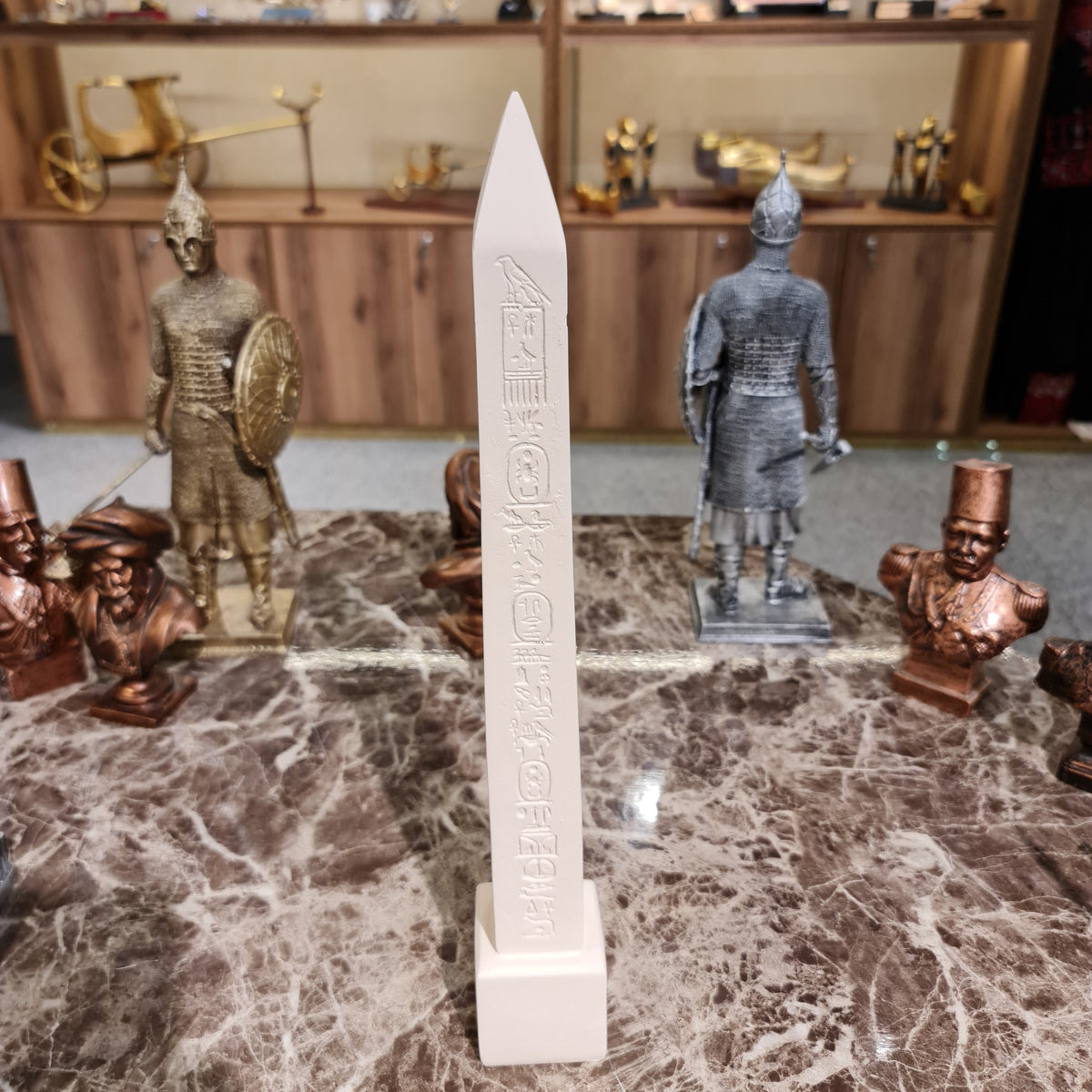 Beige obelisk of Pharaoh Thutmose III, museum reproduction, full-length front view