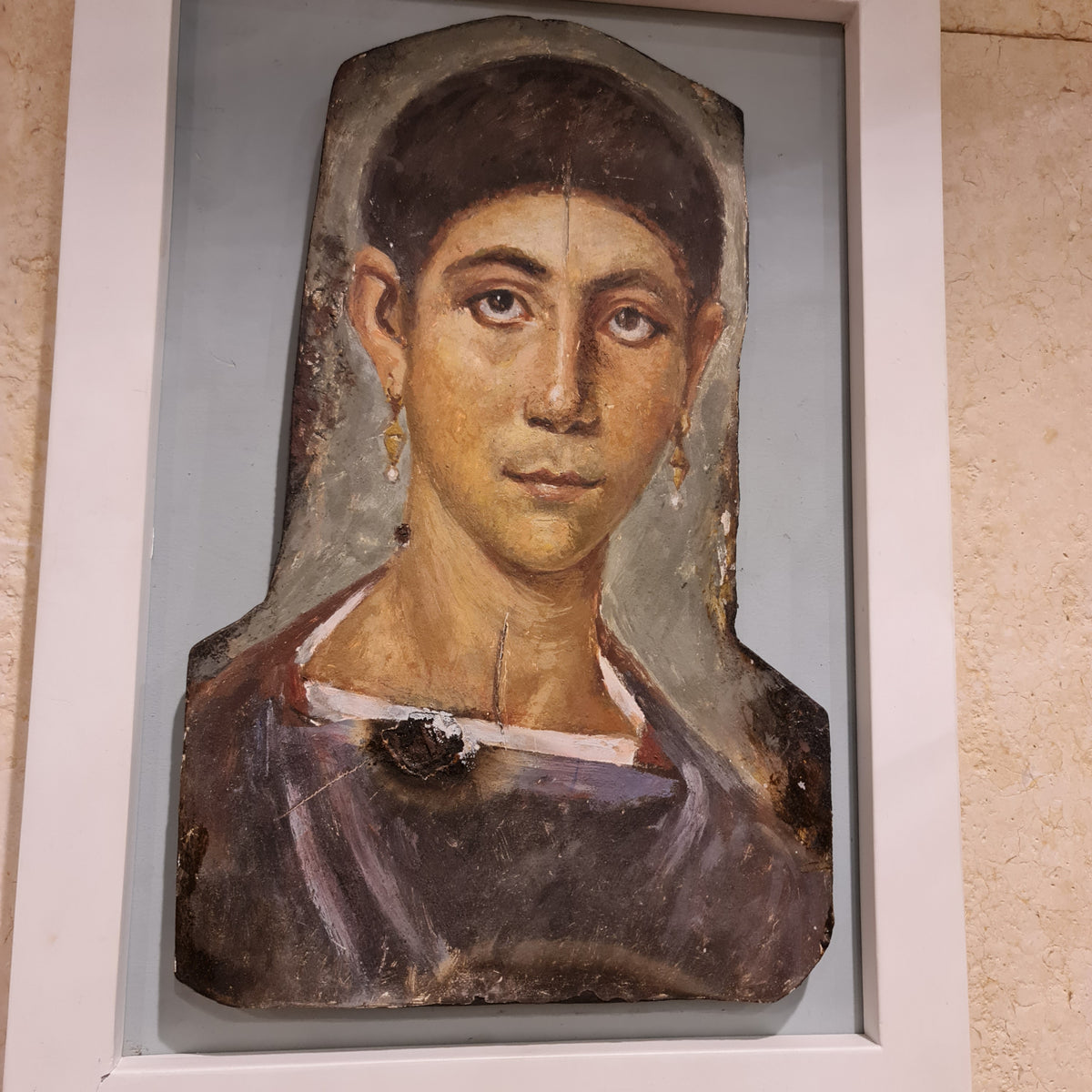 Fayum mummy portrait reproduction (Small), front view — museum reproduction