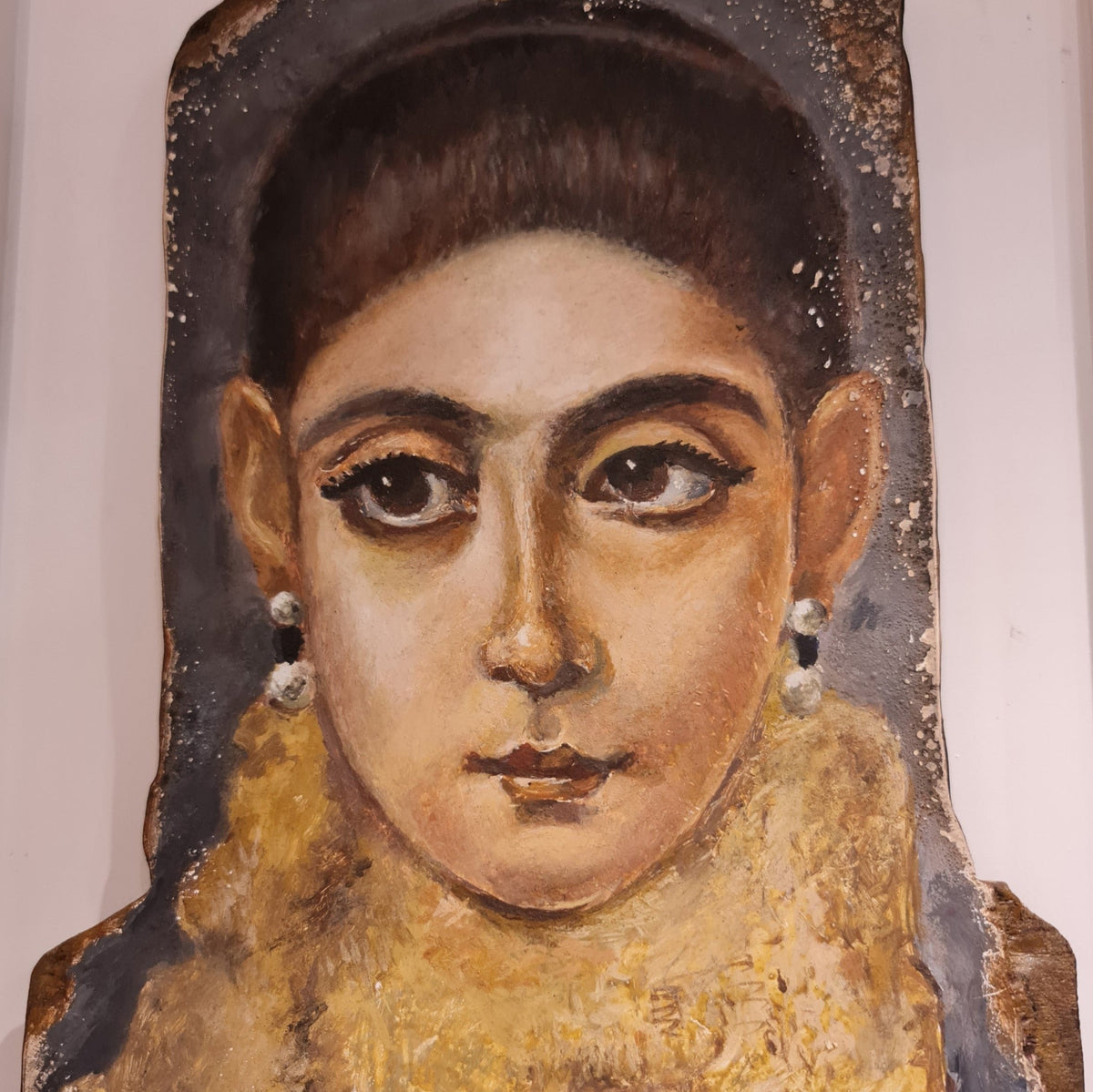 Fayum mummy portrait reproduction (Medium), front view — museum reproduction