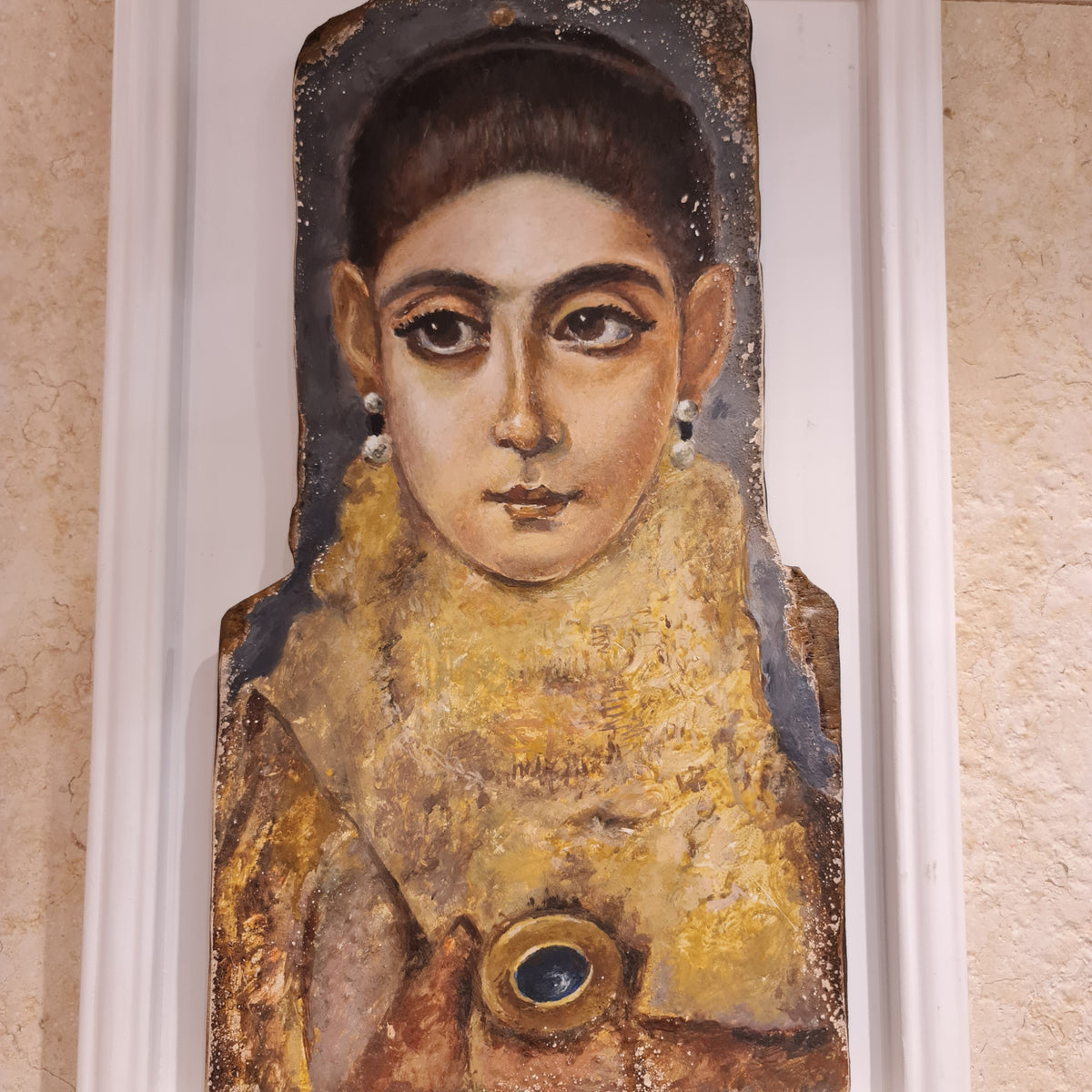 Close-up detail of the Fayum mummy portrait reproduction (Medium)