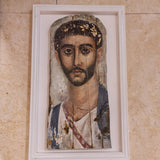 Fayum mummy portrait reproduction (Large), front view — museum reproduction