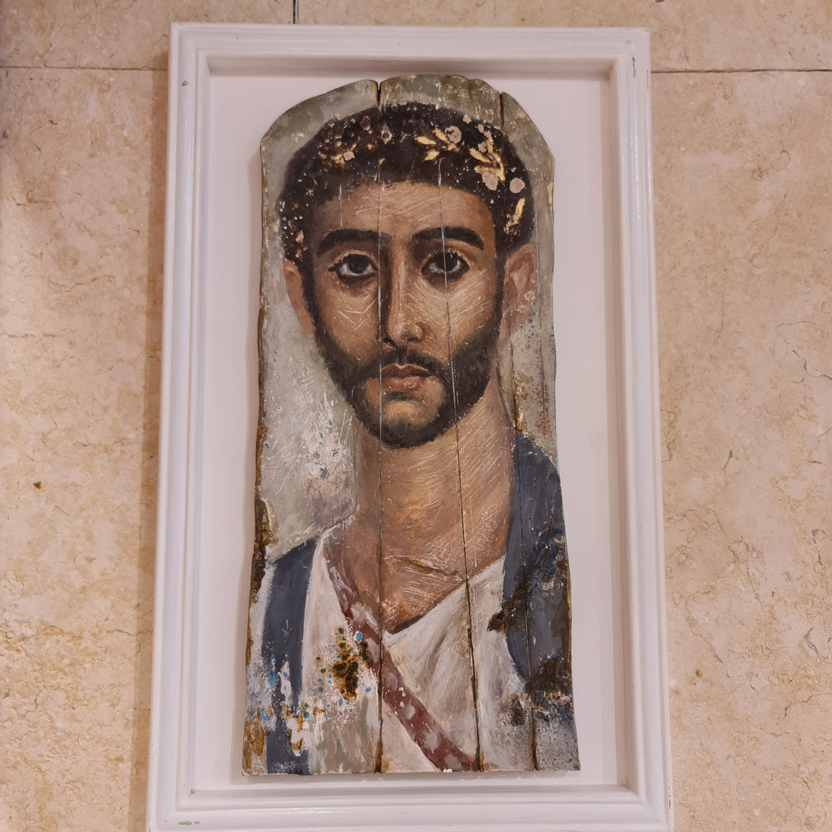 Fayum mummy portrait reproduction (Large), front view — museum reproduction