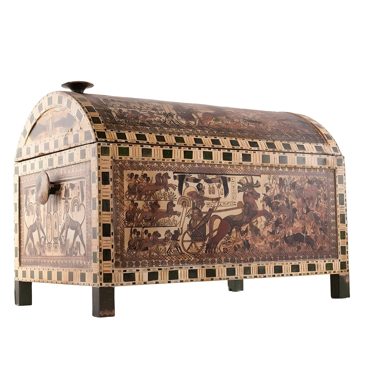 Tutankhamun hunting and battle chest replica, wooden museum reproduction