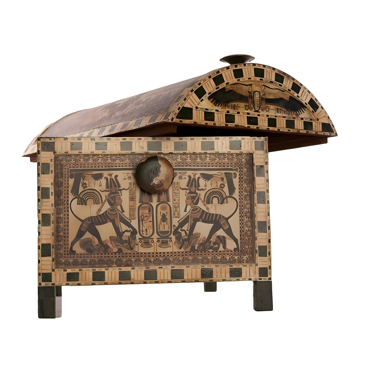 Close-up of painted hunting scene on Tutankhamun chest replica