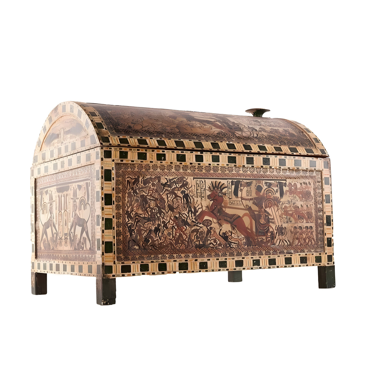 Side view of Tutankhamun battle chest replica showing carved panel