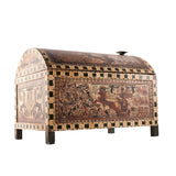 Side view of Tutankhamun battle chest replica showing carved panel