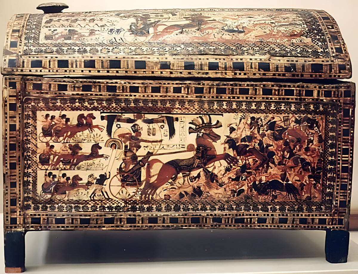 Front view of King Tutankhamun hunting chest museum reproduction