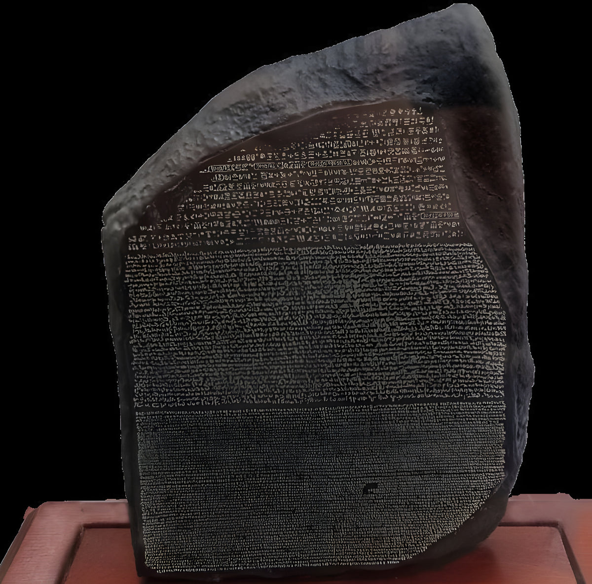 Side view of Rosetta Stone replica showing Greek text