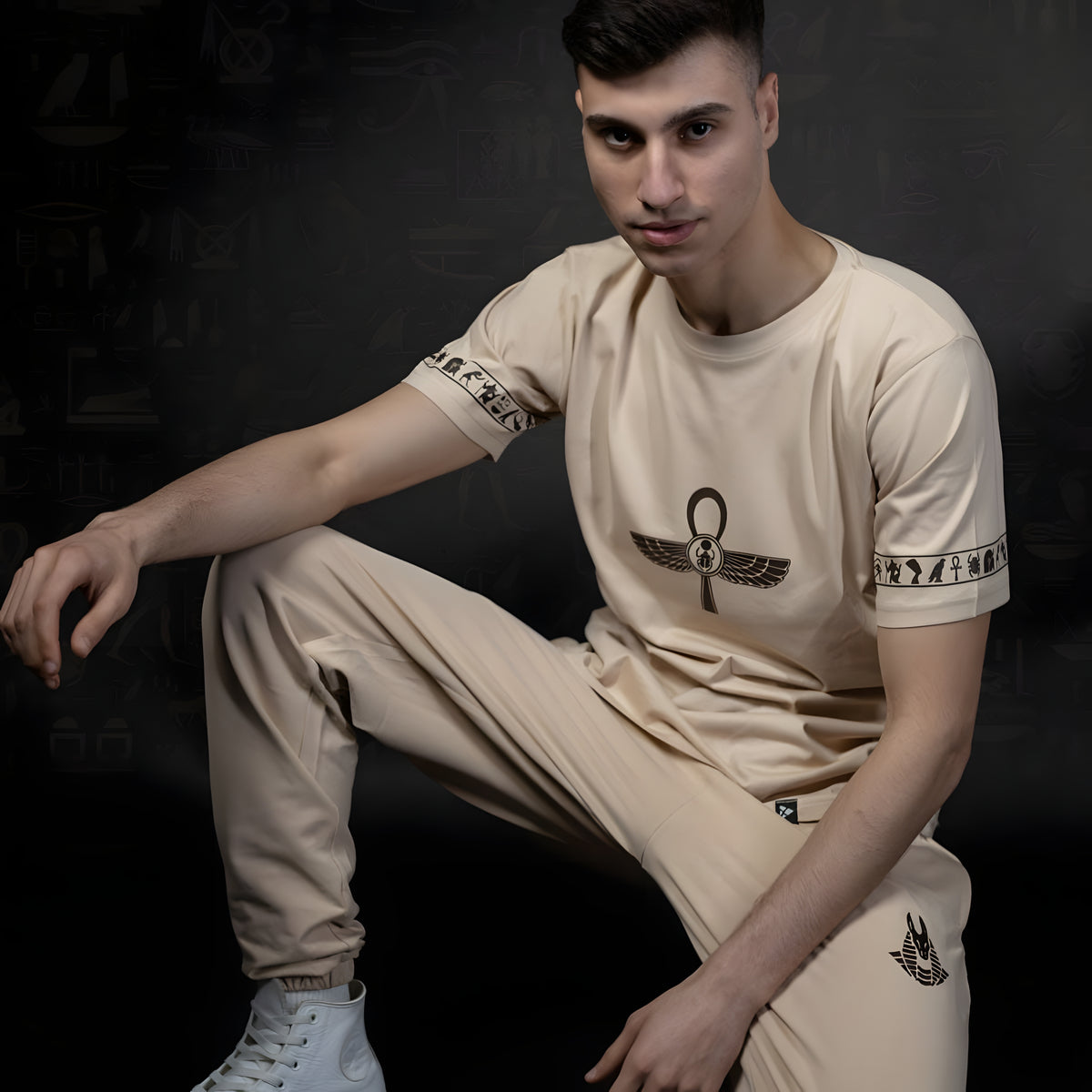 Beige Ancient Egypt T-Shirt, Ankh Design