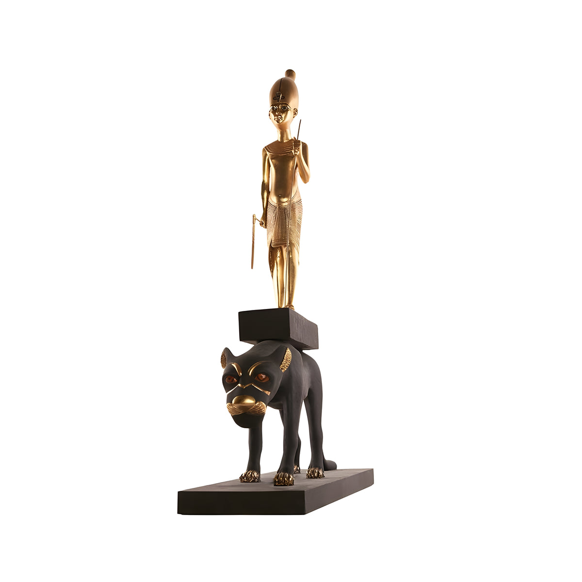 Close-up of Tutankhamun figure on leopard statue