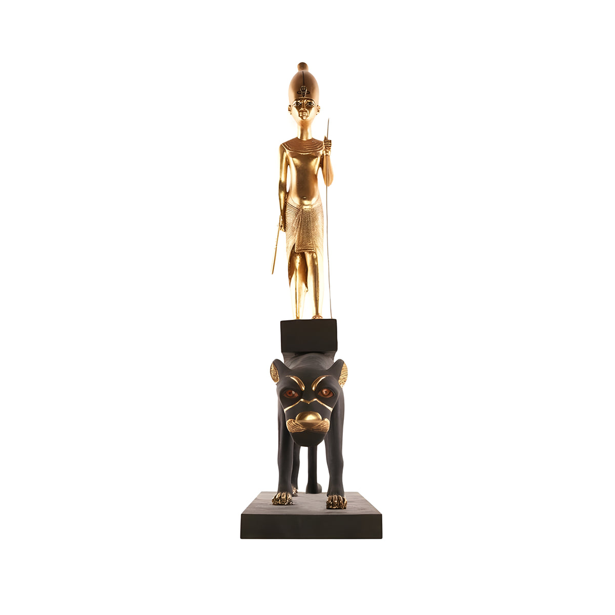 Side view of Tutankhamun leopard statue replica