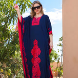 Navy Blue Butterfly-Embroidered Plus-Size Kaftan