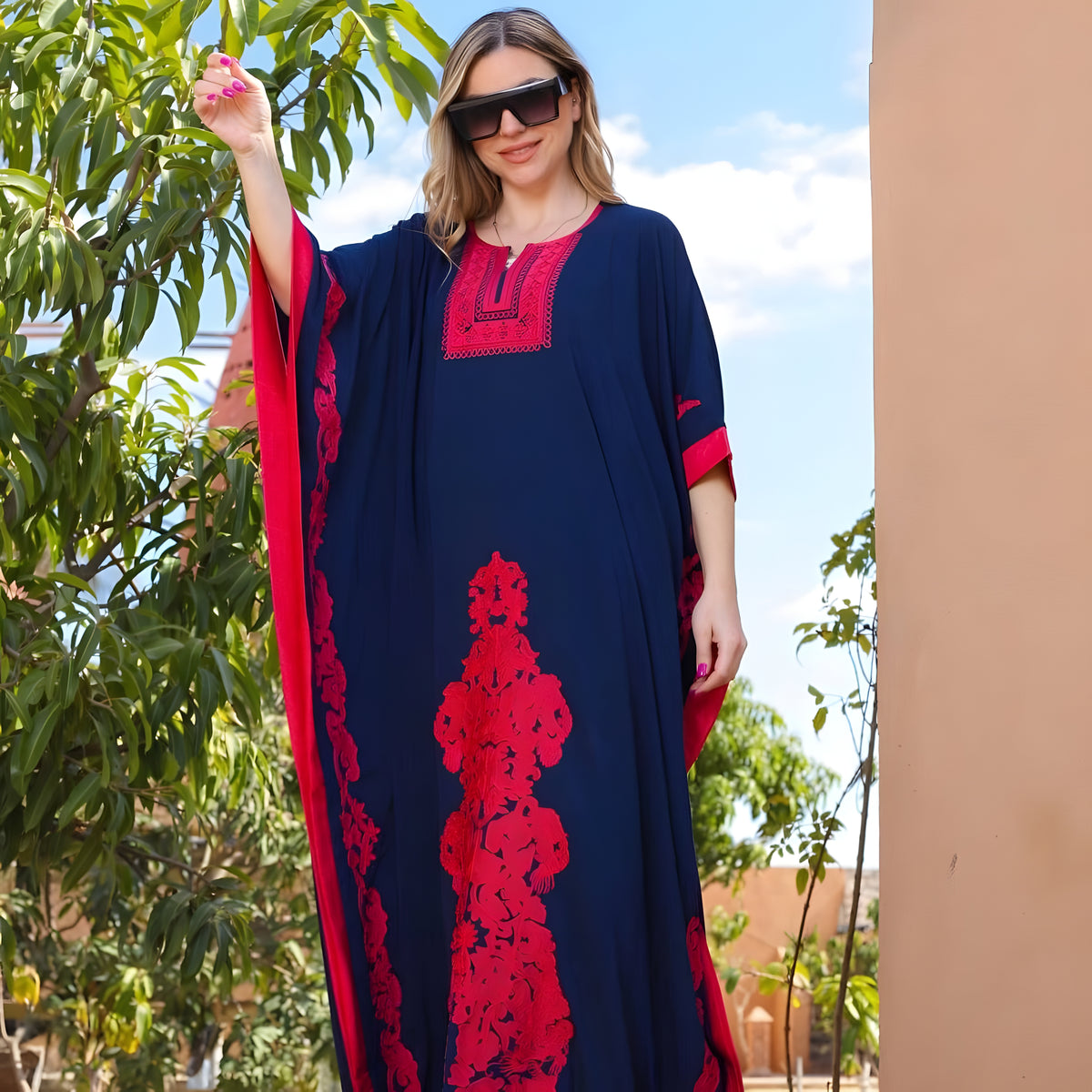 Navy Blue Butterfly-Embroidered Plus-Size Kaftan