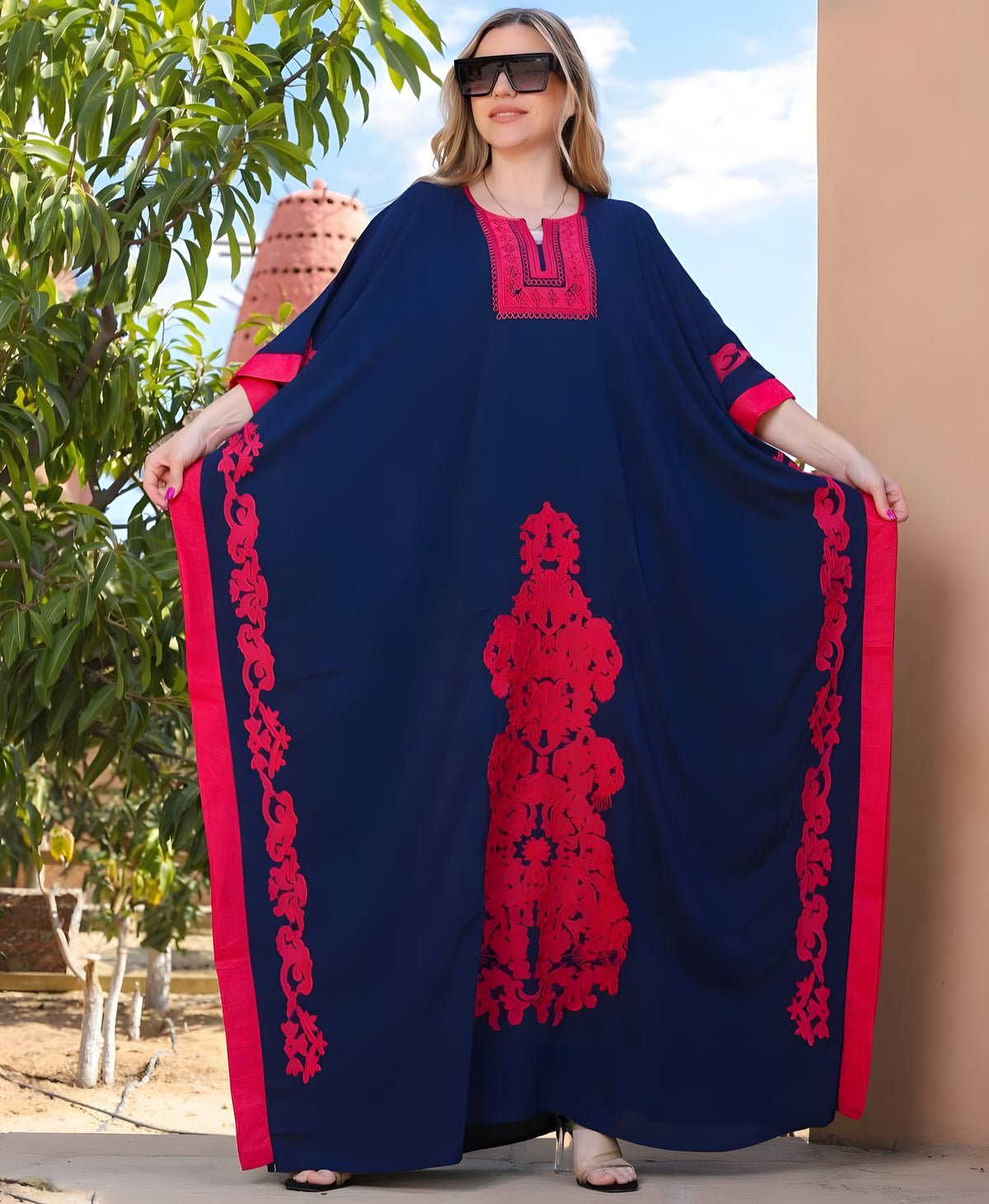 Navy Blue Butterfly-Embroidered Plus-Size Kaftan