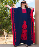 Navy Blue Butterfly-Embroidered Plus-Size Kaftan
