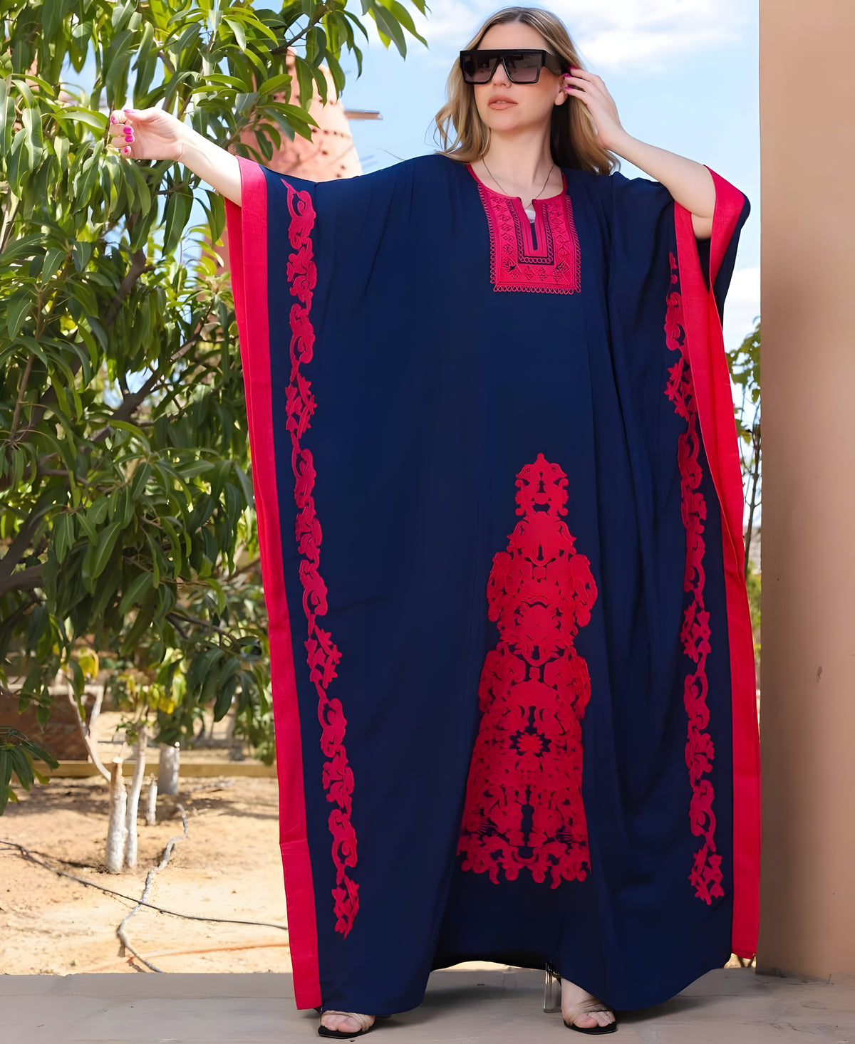 Navy Blue Butterfly-Embroidered Plus-Size Kaftan