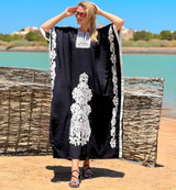 Elegant Black Plus-Size Embroidered Kaftan — Loose-Fit Bohemian Caftan