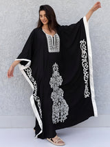 Elegant Black Plus-Size Embroidered Kaftan — Loose-Fit Bohemian Caftan
