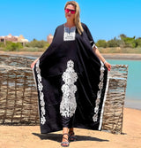 Elegant Black Plus-Size Embroidered Kaftan — Loose-Fit Bohemian Caftan