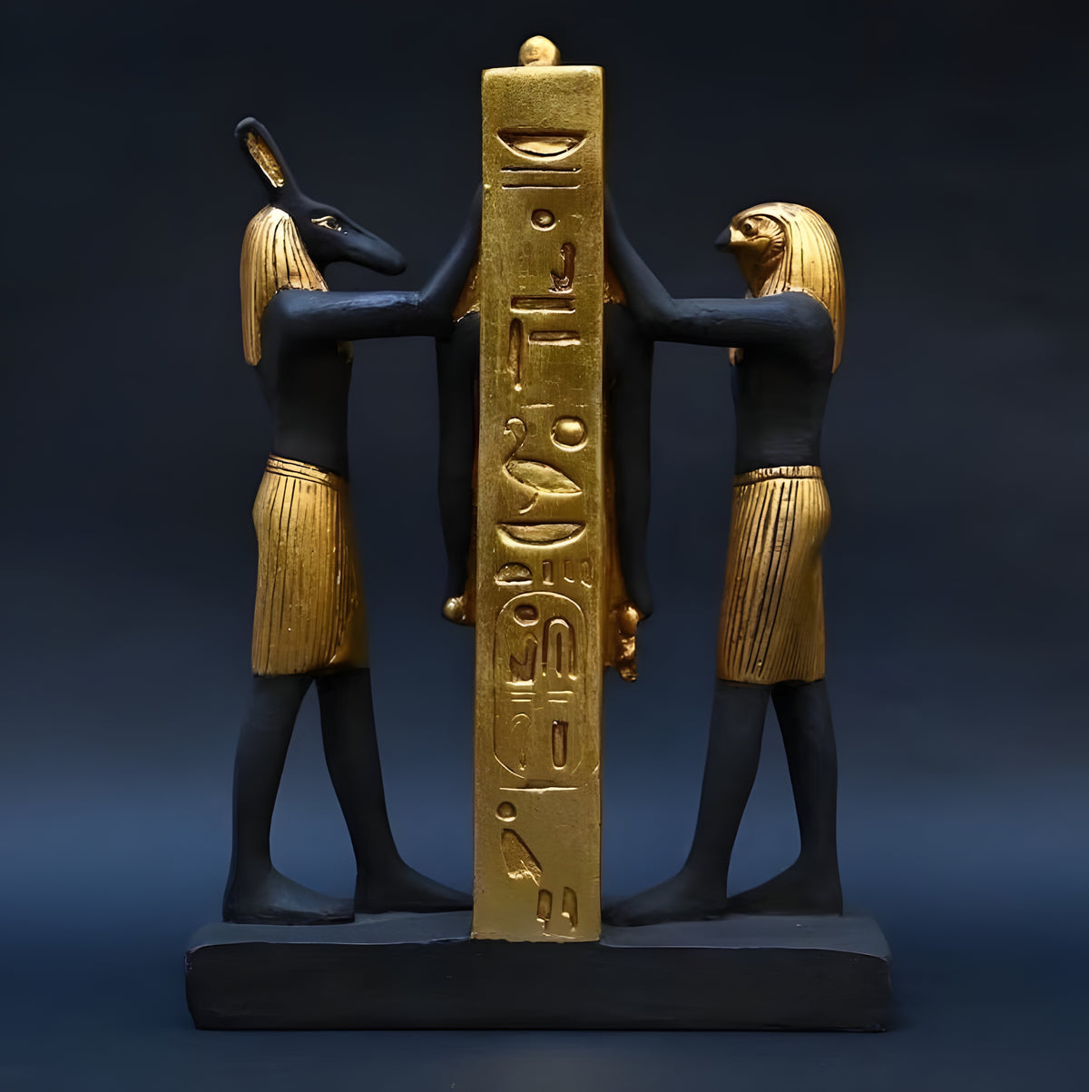 Black and Gold Statue of Ramesses III with Horus and Seth