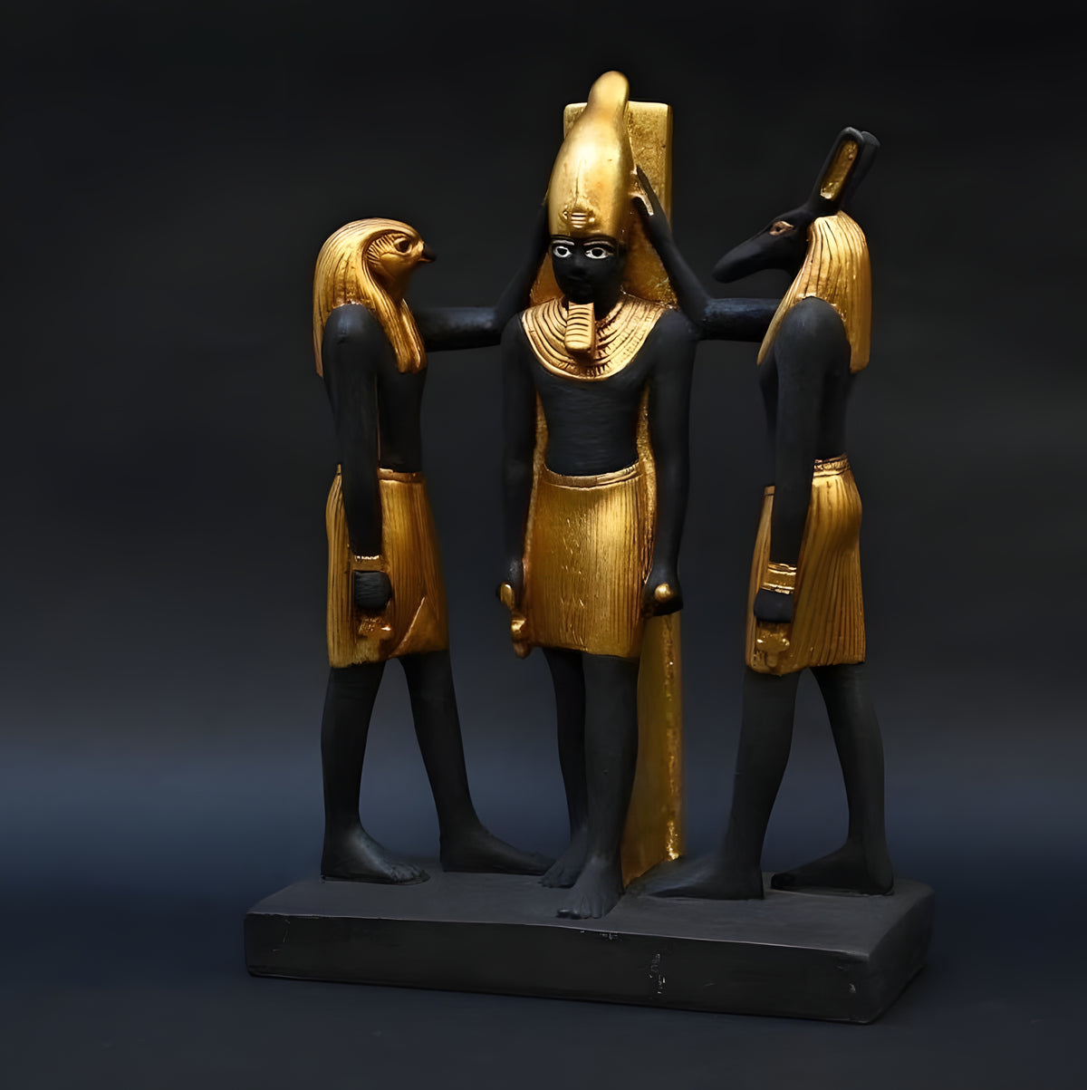 Black and Gold Statue of Ramesses III with Horus and Seth
