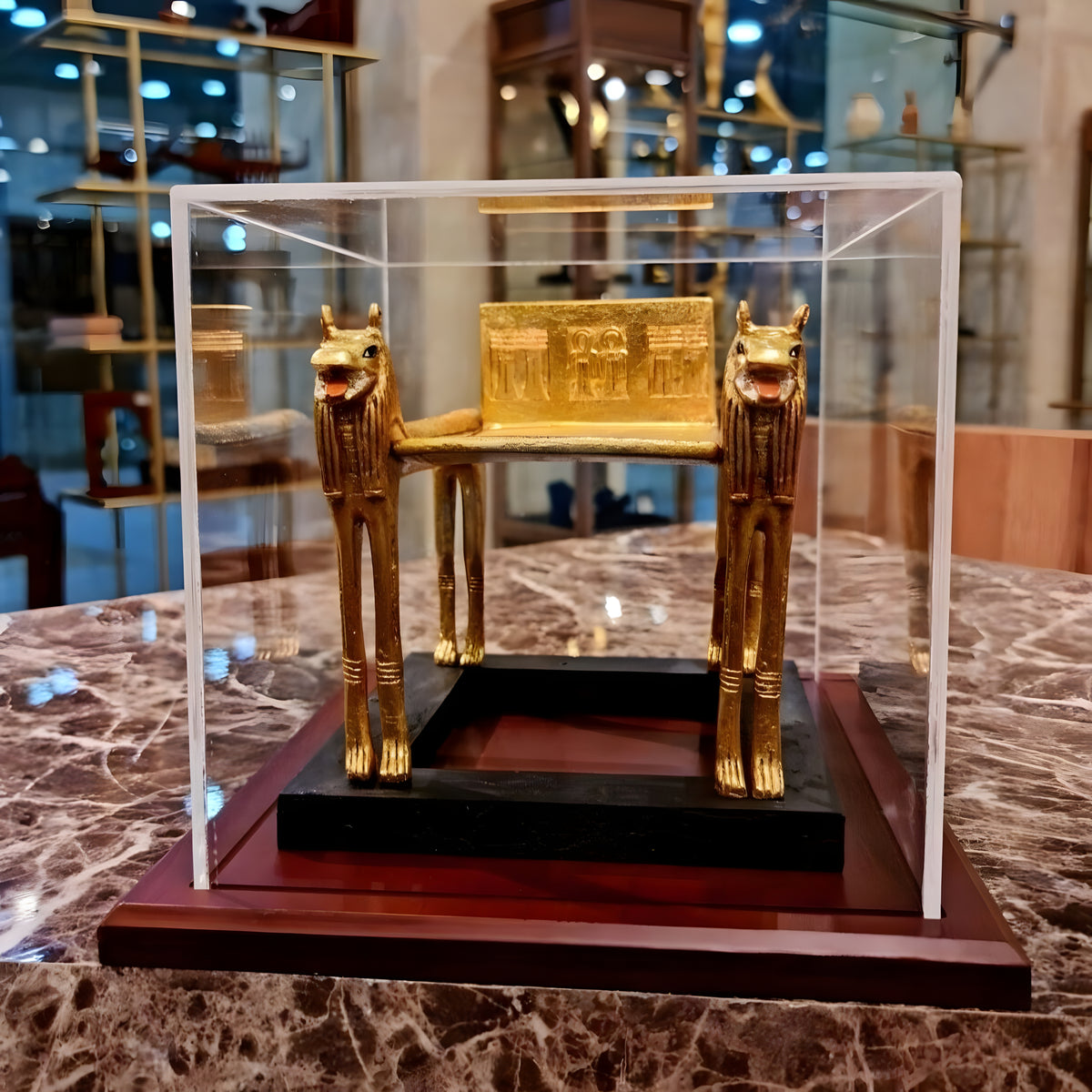 Tutankhamun hippopotamus funerary bed replica, gilded museum reproduction