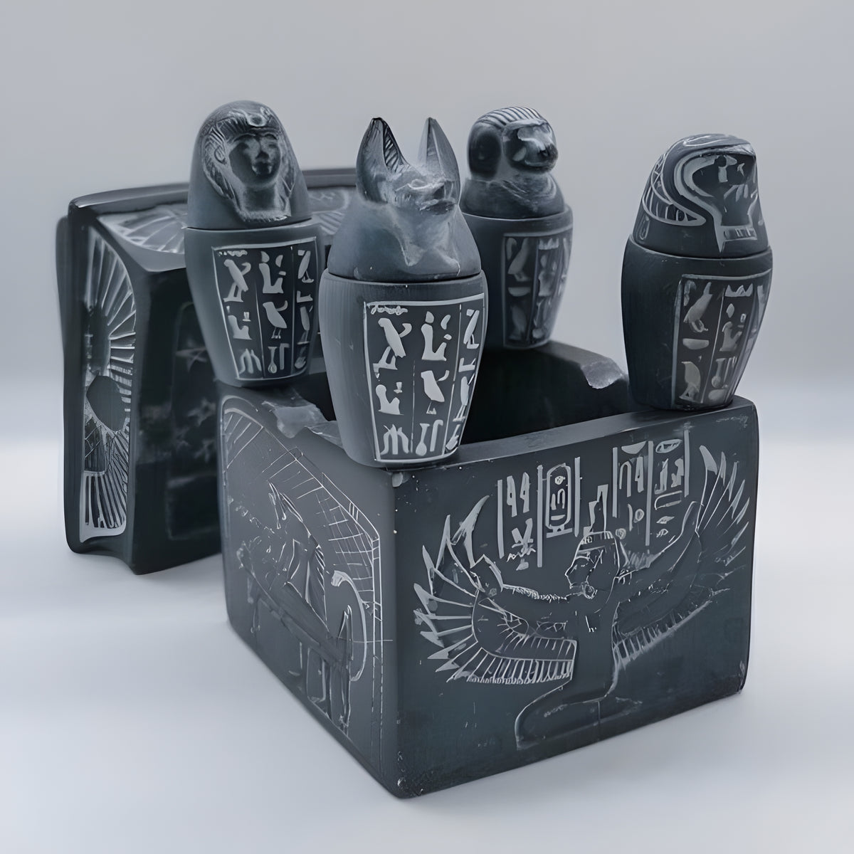 Elegant Set of 4 Black Handcrafted Ancient Egyptian Canopic Jars