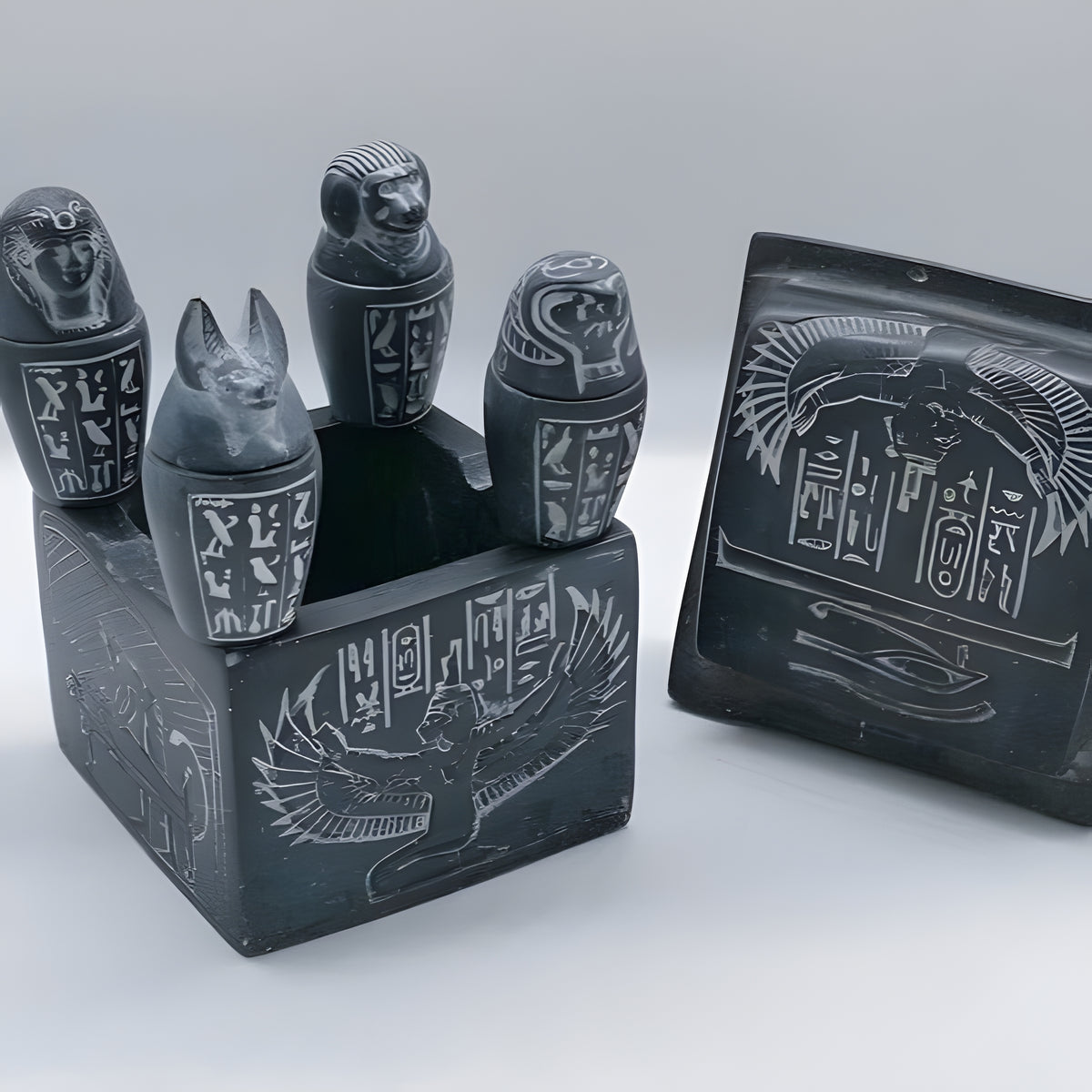 Elegant Set of 4 Black Handcrafted Ancient Egyptian Canopic Jars