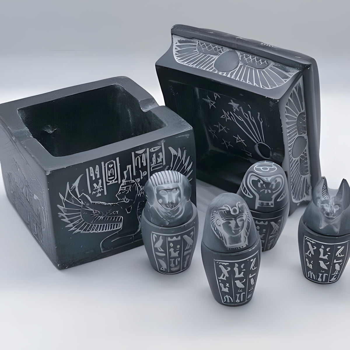 Elegant Set of 4 Black Handcrafted Ancient Egyptian Canopic Jars