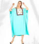 Aqua Embroidered Egyptian Cotton Caftan