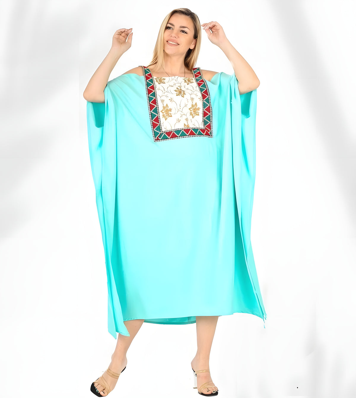Aqua Embroidered Egyptian Cotton Caftan