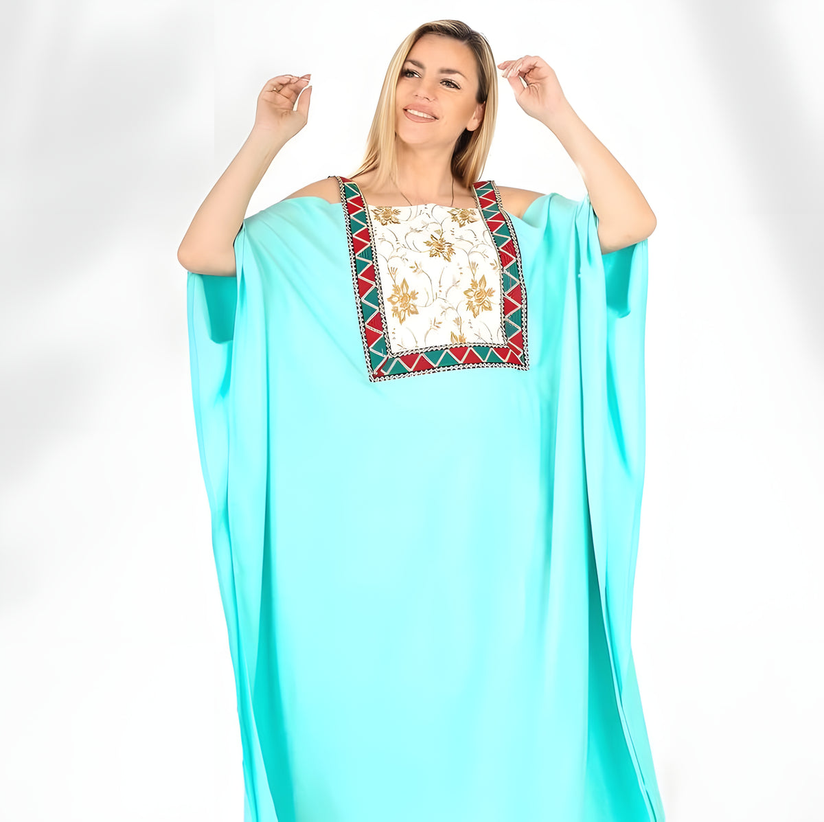 Aqua Embroidered Egyptian Cotton Caftan